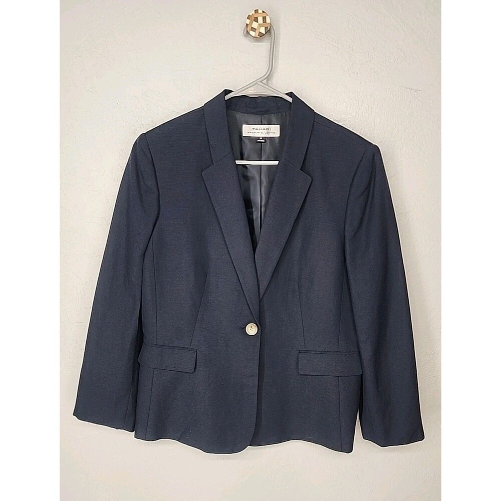 Linen Blend Navy Blazer Jacket Classic Chic Business Office | Tahari Size‎ 14